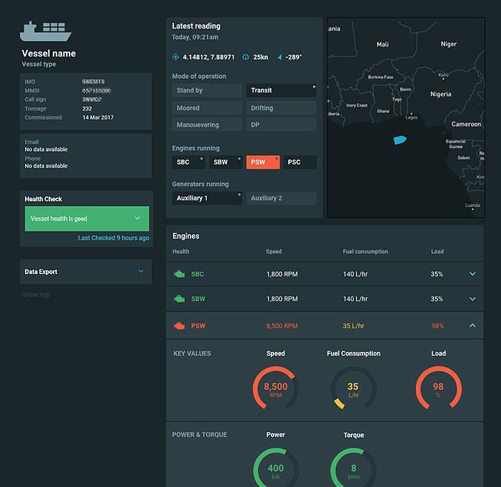 Web portal live data dashboard showing latest data from a fleet of vessels by using enginei electronic fuel monitoring system EFMS